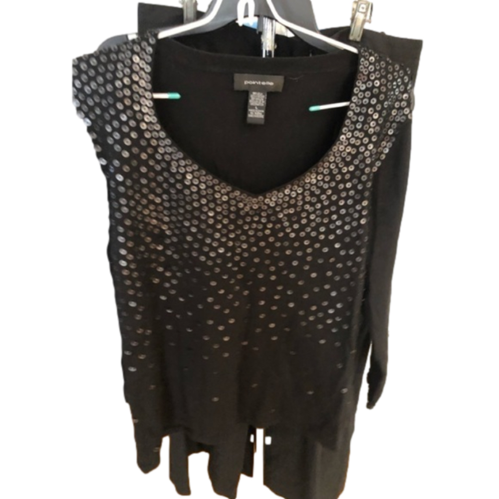 Pointelle large black scoop neck sweater with embellished gold sequin detail